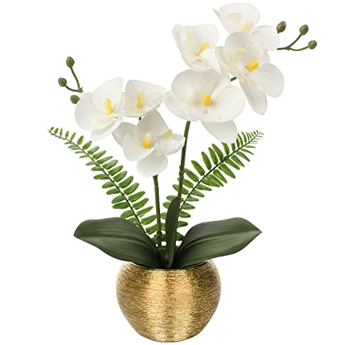 Flores artificiales como orquídeas reales flores artificiales decoración de plantas artificiales Phalaenopsis en maceta dorada flores de primavera para sala de estar, baño, oficina, decoración
