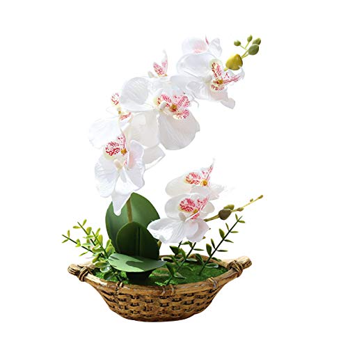 Flikool Doble Tallo Orquídeas Artificiales con Maceta Bonsai de Phalaenopsis Flores Artificial Plantas Artificiales de Flor Mariposa para Hogar Balcón Partido Oficina Decoración - Blanco