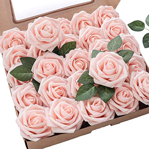 floroom Flores artificiales, 25 rosas falsas de espuma de rubor de aspecto real con tallos para ramos de boda, centros de mesa de despedida de soltera, decoraciones de fiesta