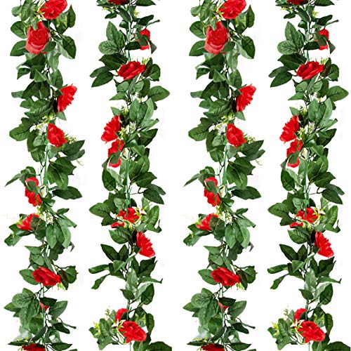 Kalolary Guirnalda Flores, Flores Artificiales Artificial Rojo Seda Rosa Flor Vid Rosa Rattan Seda Garland decoración para Bodas,2 Unidades